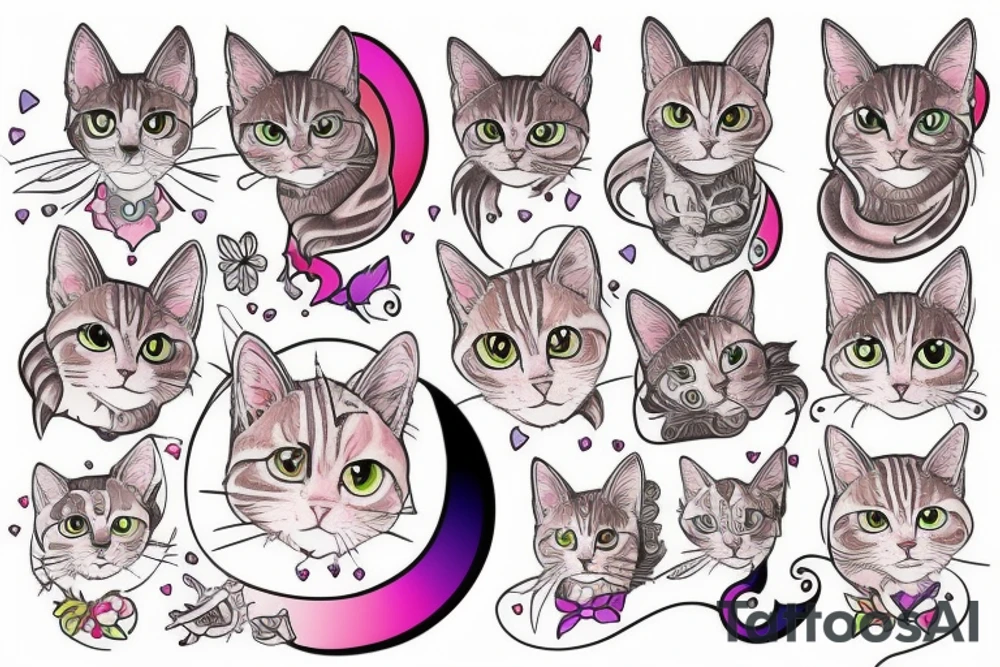 Magical tabby cat with different colored eyes , full body tattoo idea