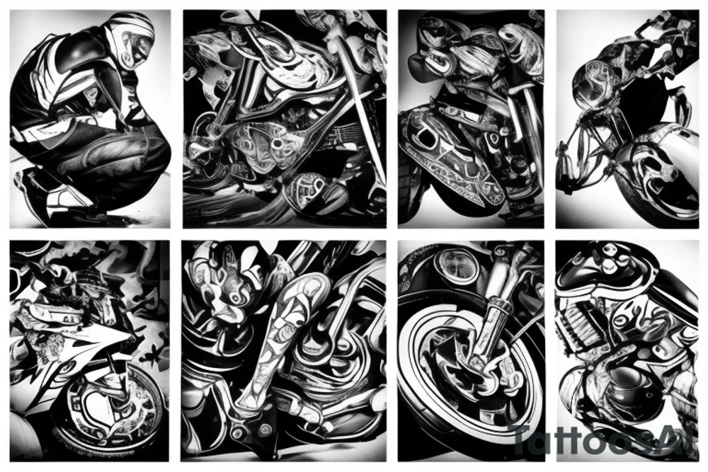 black and white, abstract, high detail, tattoo, crashed motorcycle, motorcycle rider in full equipment and on one knee, little girl with a ponytail tattoo idea