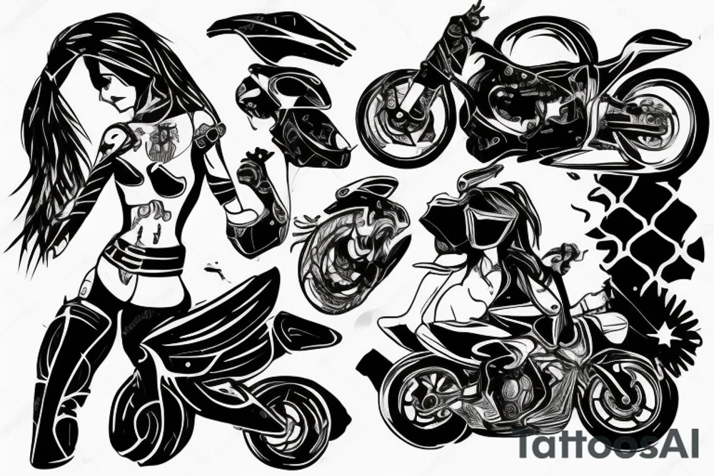 black and white, abstract, high detail, tattoo, crashed motorcycle, motorcycle rider in full equipment and on one knee, little girl with a ponytail tattoo idea