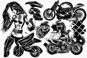 black and white, abstract, high detail, tattoo, crashed motorcycle, motorcycle rider in full equipment and on one knee, little girl with a ponytail tattoo idea