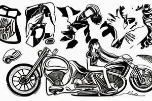 motorcycle rider in full equipment standing next to a crashed motorcycle on one knee, reaching out for a little girl with a ponytail tattoo idea