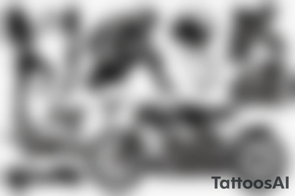 motorcycle rider in full equipment standing next to a crashed motorcycle on one knee, reaching out for a little girl with a ponytail tattoo idea