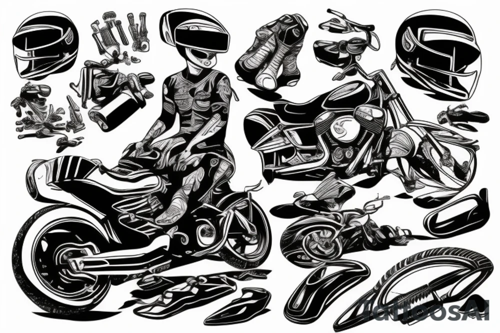 injured motorcycle rider standing next to a crashed motorcycle tattoo idea