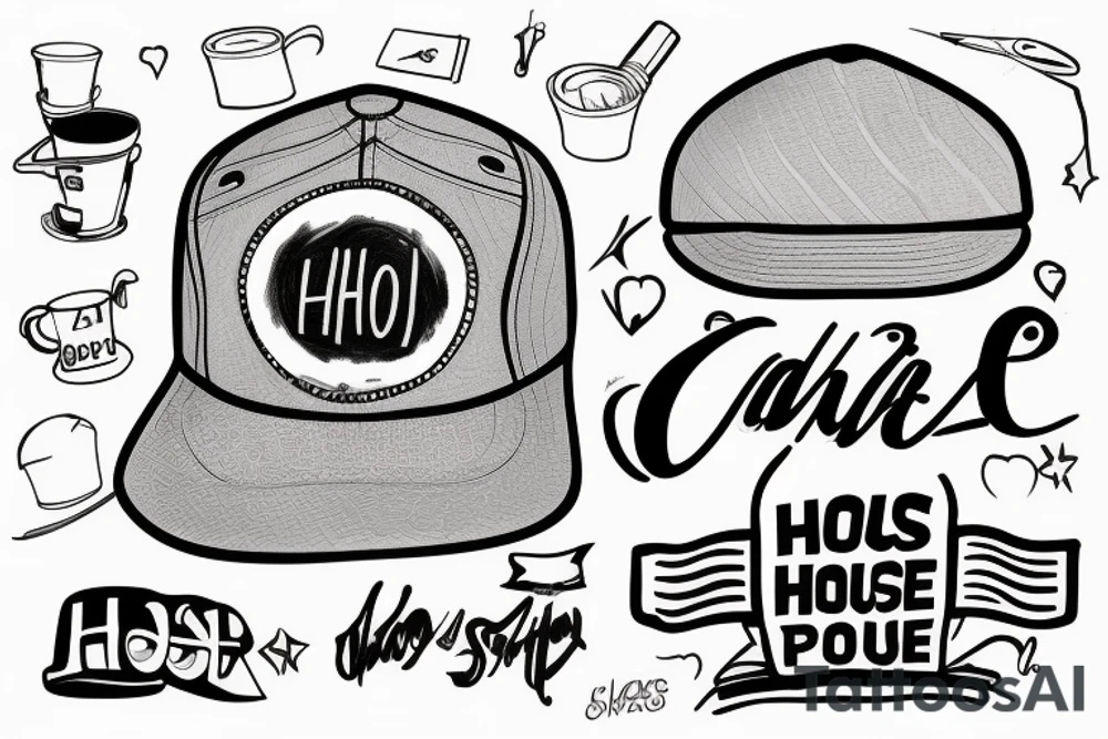 A house wearing a cap that has “cap house” written on it. tattoo idea