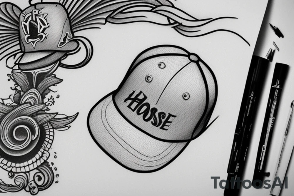 A house wearing a cap that has “cap house” written on it. tattoo idea