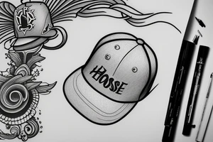 A house wearing a cap that has “cap house” written on it. tattoo idea