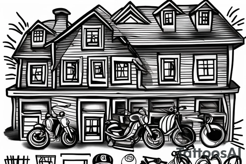 A house wearing a cap, with 6 bikes parked infront. tattoo idea