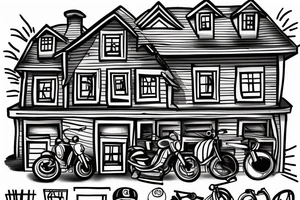 A house wearing a cap, with 6 bikes parked infront. tattoo idea