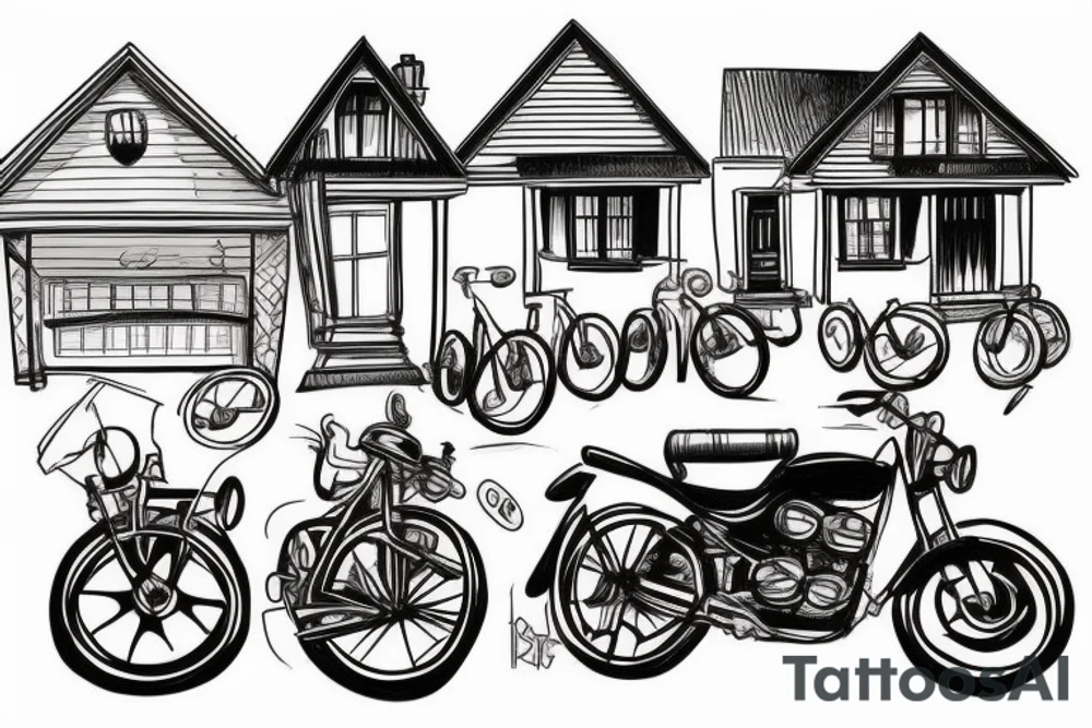 A house wearing a cap, with 6 bikes parked infront. tattoo idea