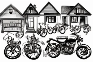 A house wearing a cap, with 6 bikes parked infront. tattoo idea