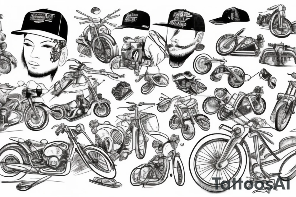 A house wearing a cap, with 6 bikes parked infront. tattoo idea