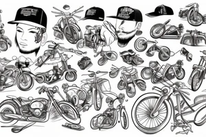 A house wearing a cap, with 6 bikes parked infront. tattoo idea