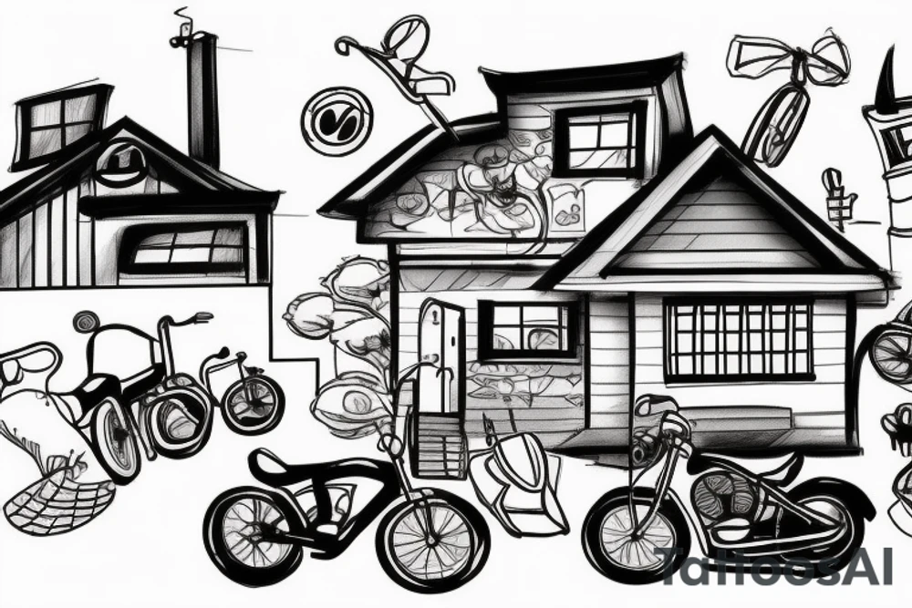 A house wearing a cap, with 6 bikes parked infront. tattoo idea