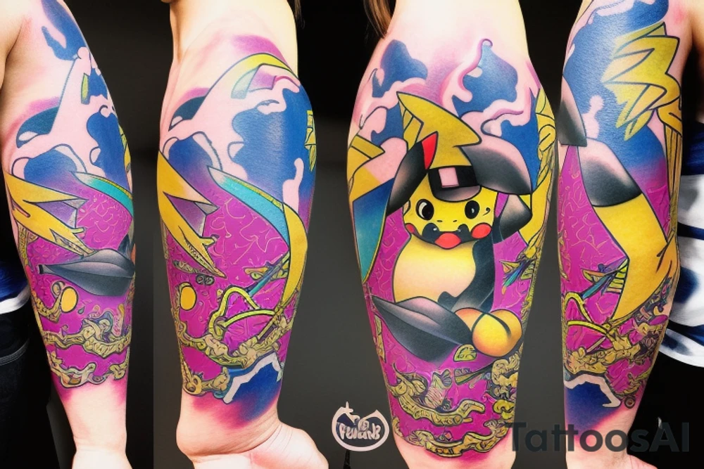 Badass tattooed pikachu wearing japanese kimono with pink blurred lightnings in the background. tattoo idea