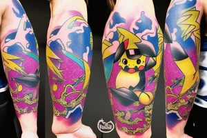 Badass tattooed pikachu wearing japanese kimono with pink blurred lightnings in the background. tattoo idea