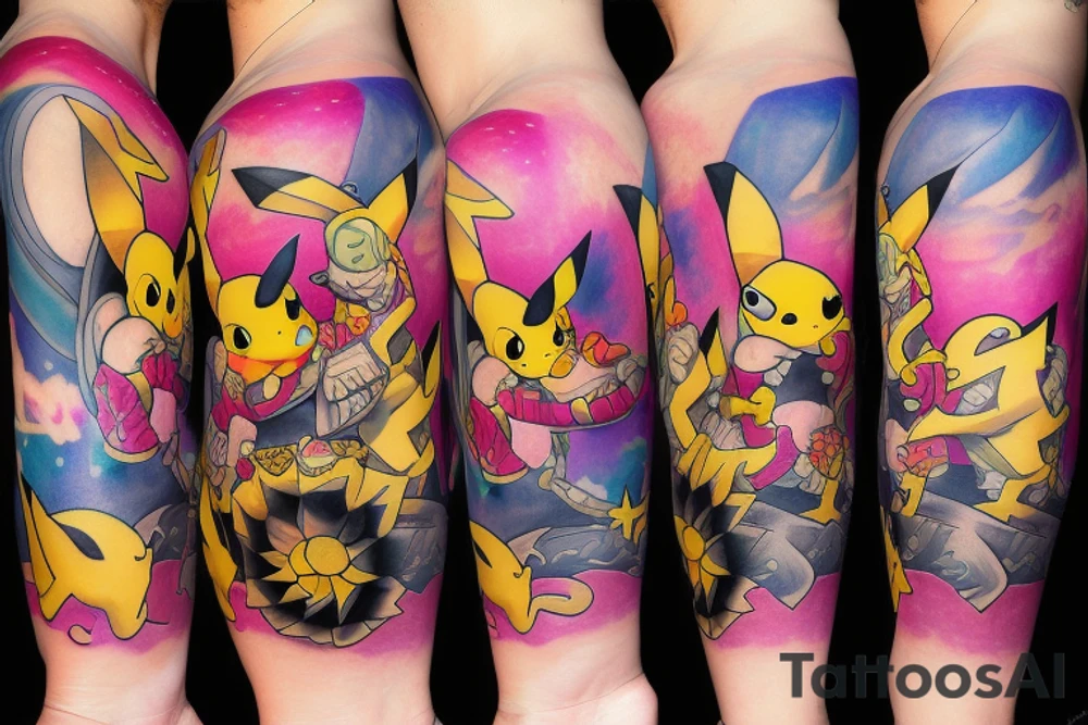 Badass tattooed pikachu wearing japanese kimono with pink blurred lightnings in the background. tattoo idea
