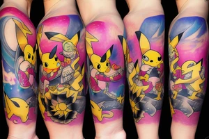 Badass tattooed pikachu wearing japanese kimono with pink blurred lightnings in the background. tattoo idea