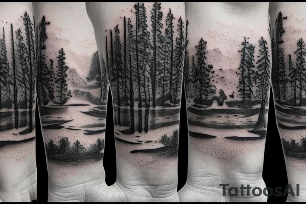 Looking down a river with forest on one side and desert on the other tattoo idea