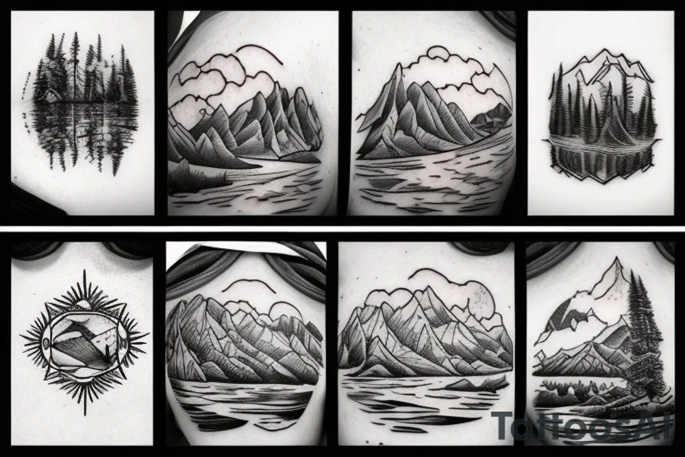 Looking down a river with forest on one side and desert mountains on the other tattoo idea
