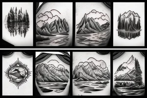 Looking down a river with forest on one side and desert mountains on the other tattoo idea