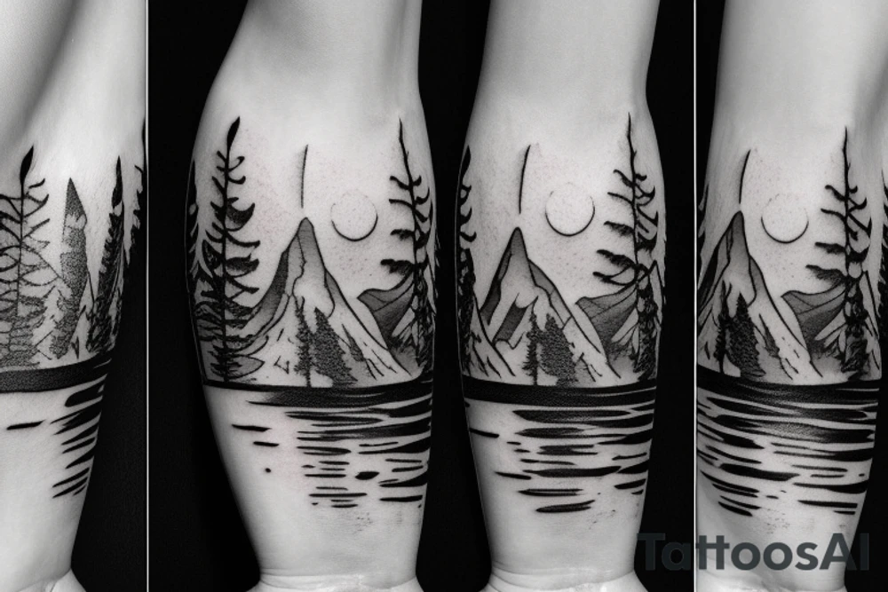 Looking down a river with forest on one side and desert mountains on the other tattoo idea