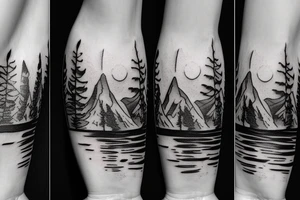 Looking down a river with forest on one side and desert mountains on the other tattoo idea