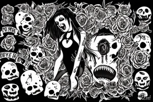 Gory horror girl with tombstone for loved one tattoo idea