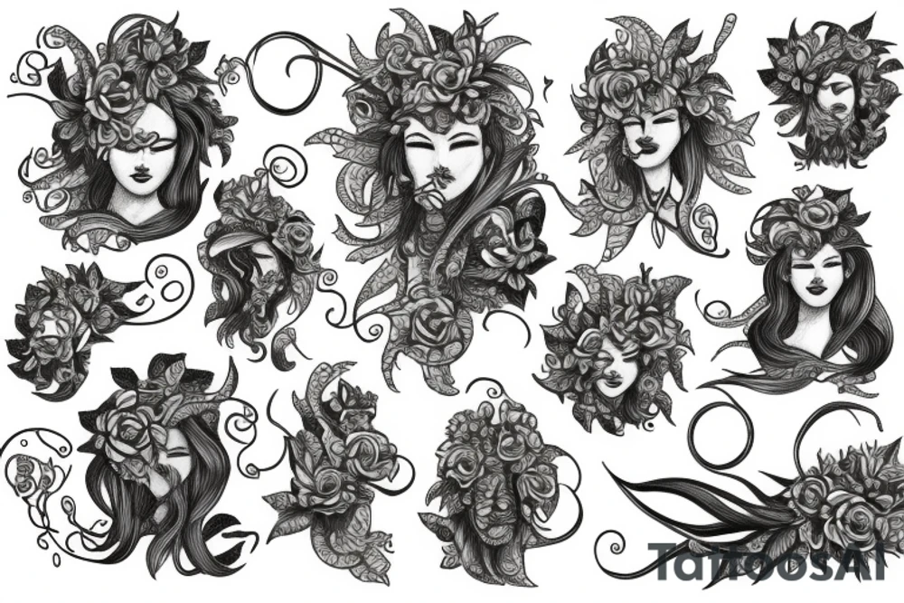 Hidden medusa with flowers tattoo idea