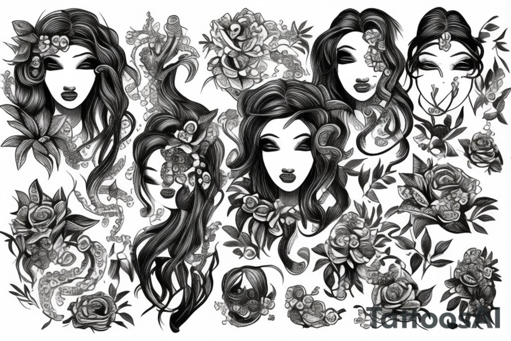 Hidden medusa with flowers tattoo idea