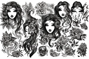 Hidden medusa with flowers tattoo idea