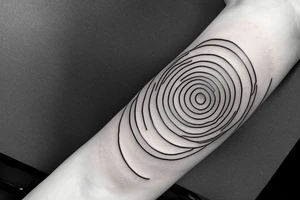 Black hole circle crossed by half a line, time map, slim lines tattoo idea