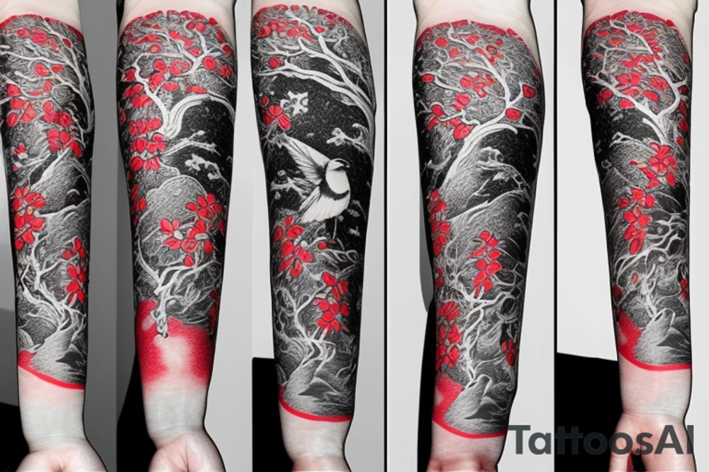 Bird flying away with a red and white wrist band in a japanese tree forest tattoo idea