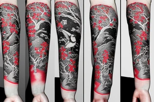 Bird flying away with a red and white wrist band in a japanese tree forest tattoo idea