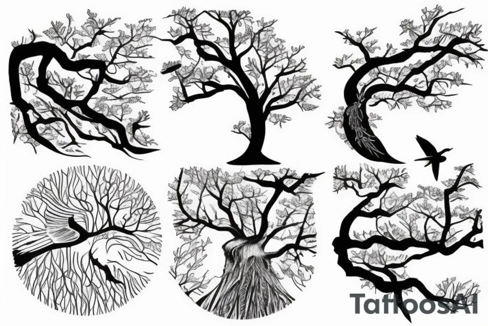 Bird flying away with a red and white wrist band in a japanese tree forest tattoo idea