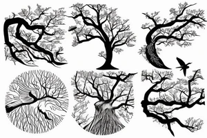 Bird flying away with a red and white wrist band in a japanese tree forest tattoo idea
