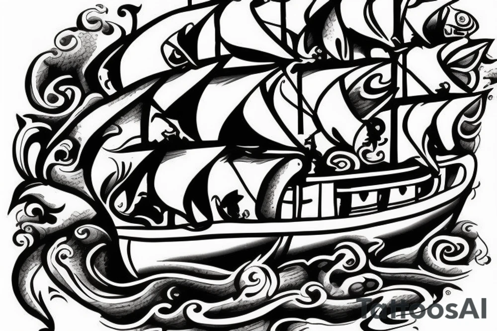 Pirate boat, parrot, pirates fighting, canon blast tattoo idea