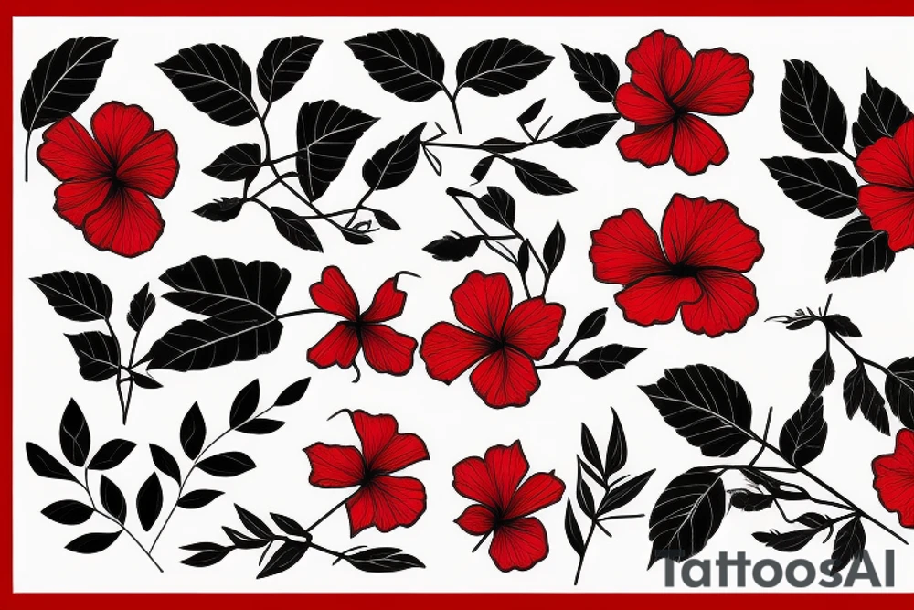 Black rectangle frame with red hibiscus growing from a branch with green leaves tattoo idea