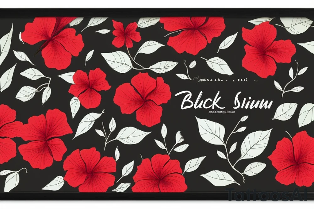 Black rectangle frame with red hibiscus growing from a branch with green leaves tattoo idea