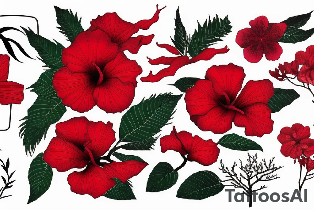 Black rectangle frame with red hibiscus growing from a branch with green leaves tattoo idea