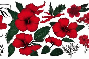 Black rectangle frame with red hibiscus growing from a branch with green leaves tattoo idea