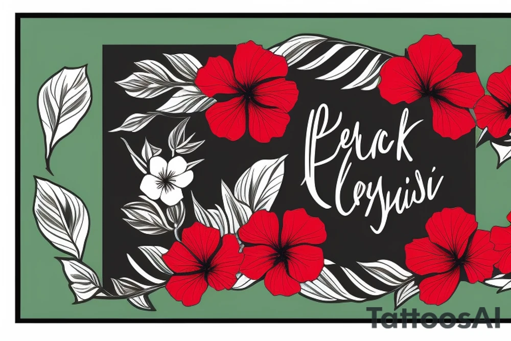 Black rectangle frame with red hibiscus growing from a branch with green leaves tattoo idea