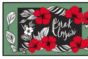 Black rectangle frame with red hibiscus growing from a branch with green leaves tattoo idea