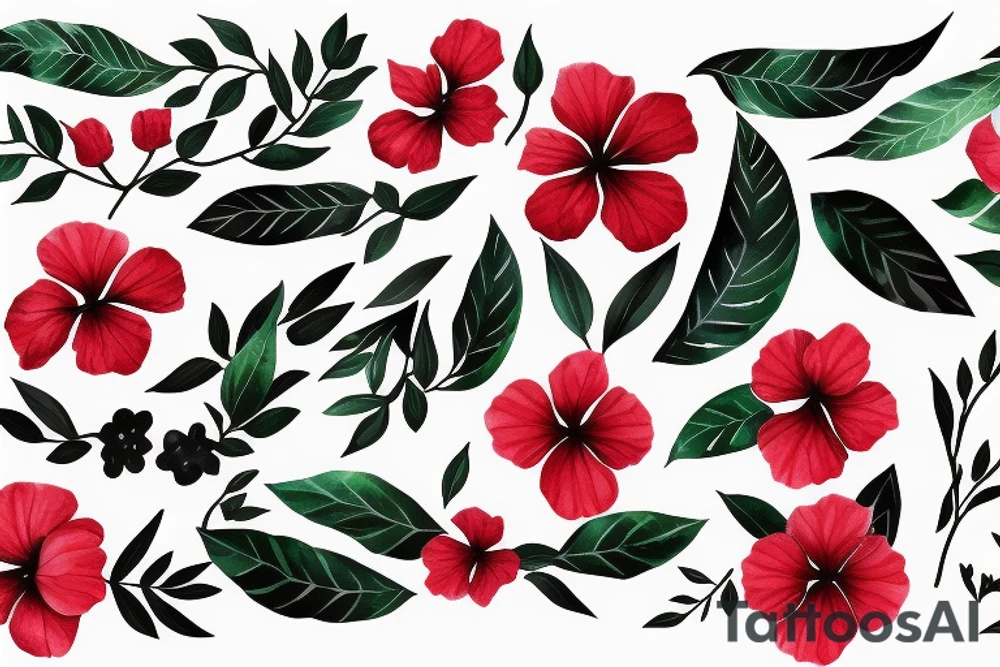 Black rectangle frame with red hibiscus growing from a branch with green leaves tattoo idea