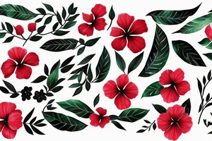 Black rectangle frame with red hibiscus growing from a branch with green leaves tattoo idea