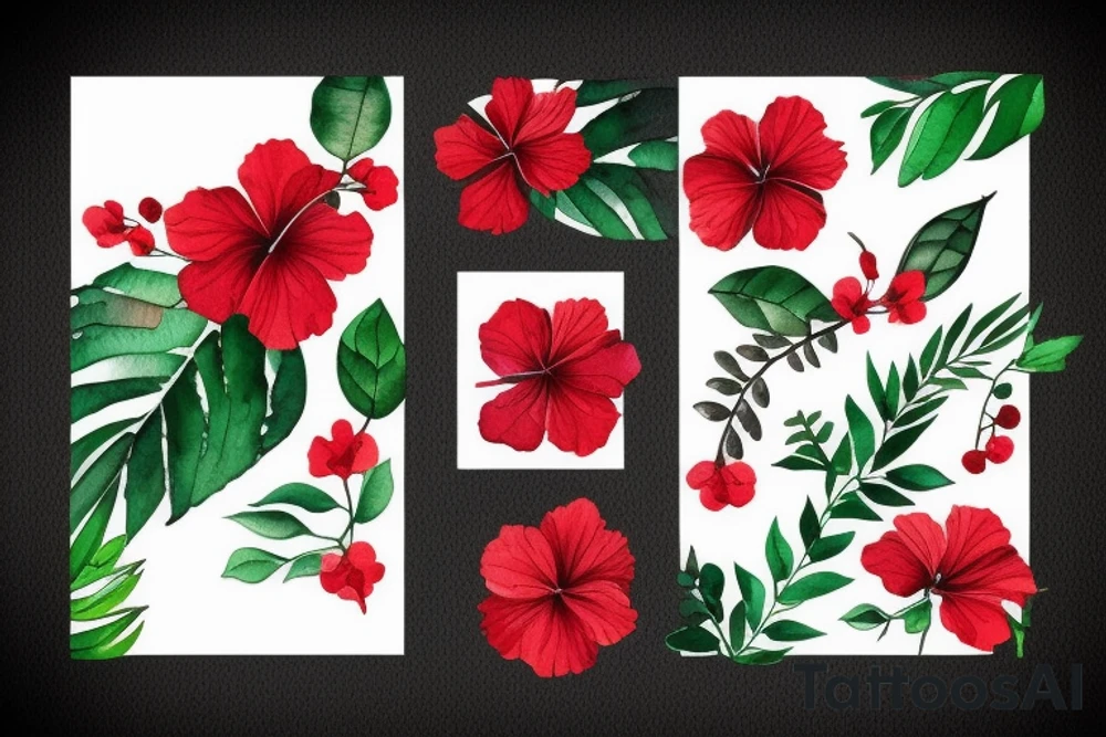 Black rectangle frame with red hibiscus growing from a branch with green leaves tattoo idea