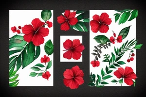 Black rectangle frame with red hibiscus growing from a branch with green leaves tattoo idea