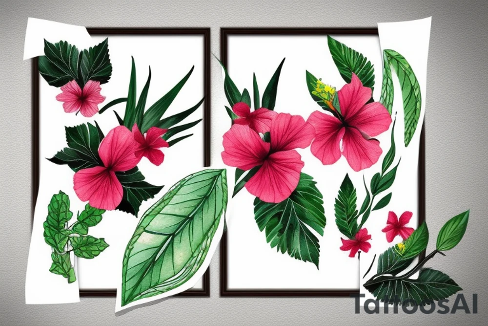 Black rectangle frame with hibiscus growing from a branch with green leaves tattoo idea