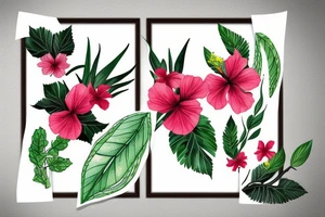 Black rectangle frame with hibiscus growing from a branch with green leaves tattoo idea