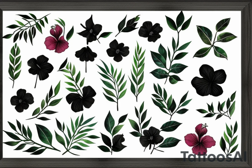 Black rectangle frame with hibiscus growing from a branch with green leaves tattoo idea