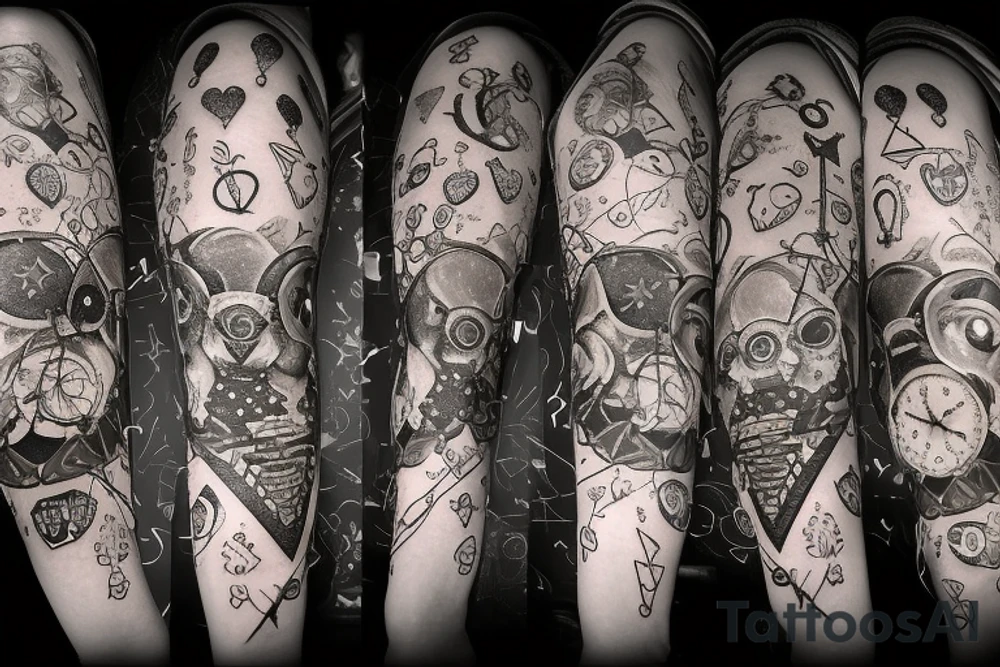 ribbon motif, stars and candles, an hourglass containing honey and the sun and moon, a bee, a sword, a key, anatomical heart made of dripping honeycomb, an owl king tattoo idea